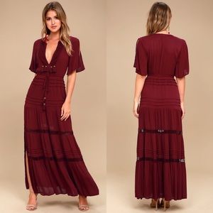 Lulu’s Santa Fe Crochet Boho Burgundy Maxi Dress